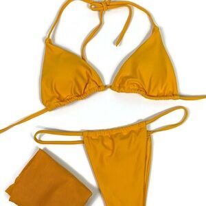 Matte Collection Swimwear Triangle Yellow Orange 3 Piece Bikini Set